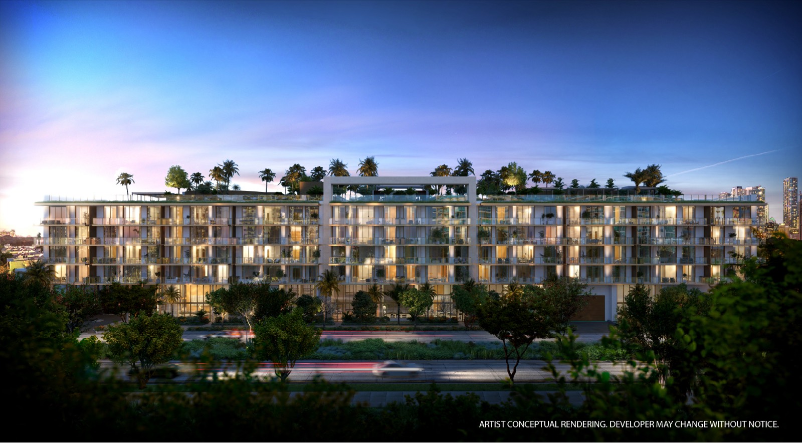 2200 Brickell dusk rendering of the five-story condominium at 2200 Brickell Avenue, Miami