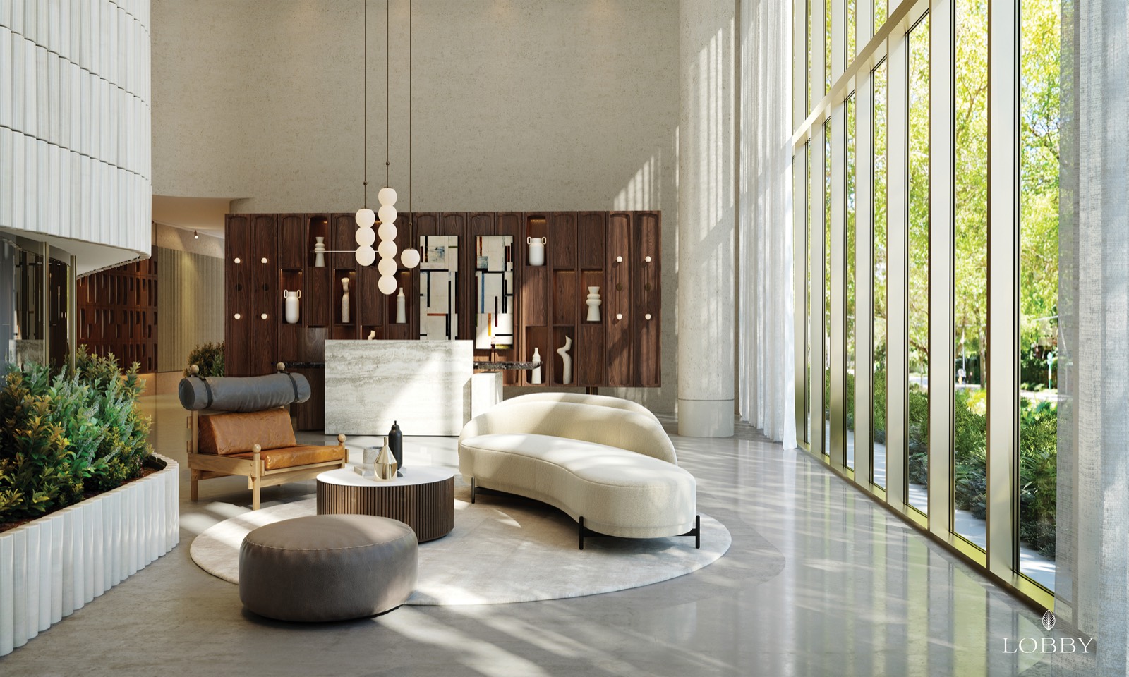 2200 Brickell double-height 24-hour attended lobby rendering