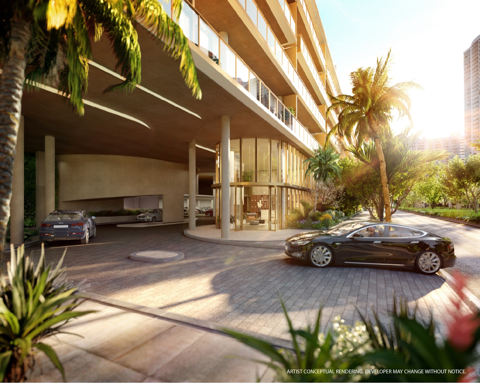 2200 Brickell porte-cochere arrival rendering with valet parking