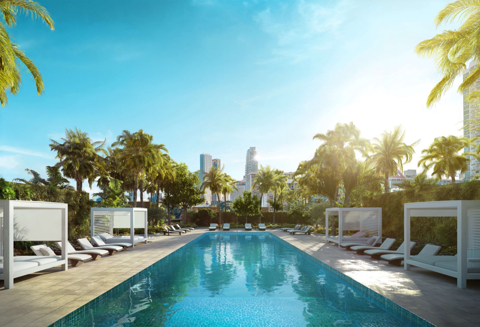 2200 Brickell one-acre rooftop deck rendering with resort-style pool and spa