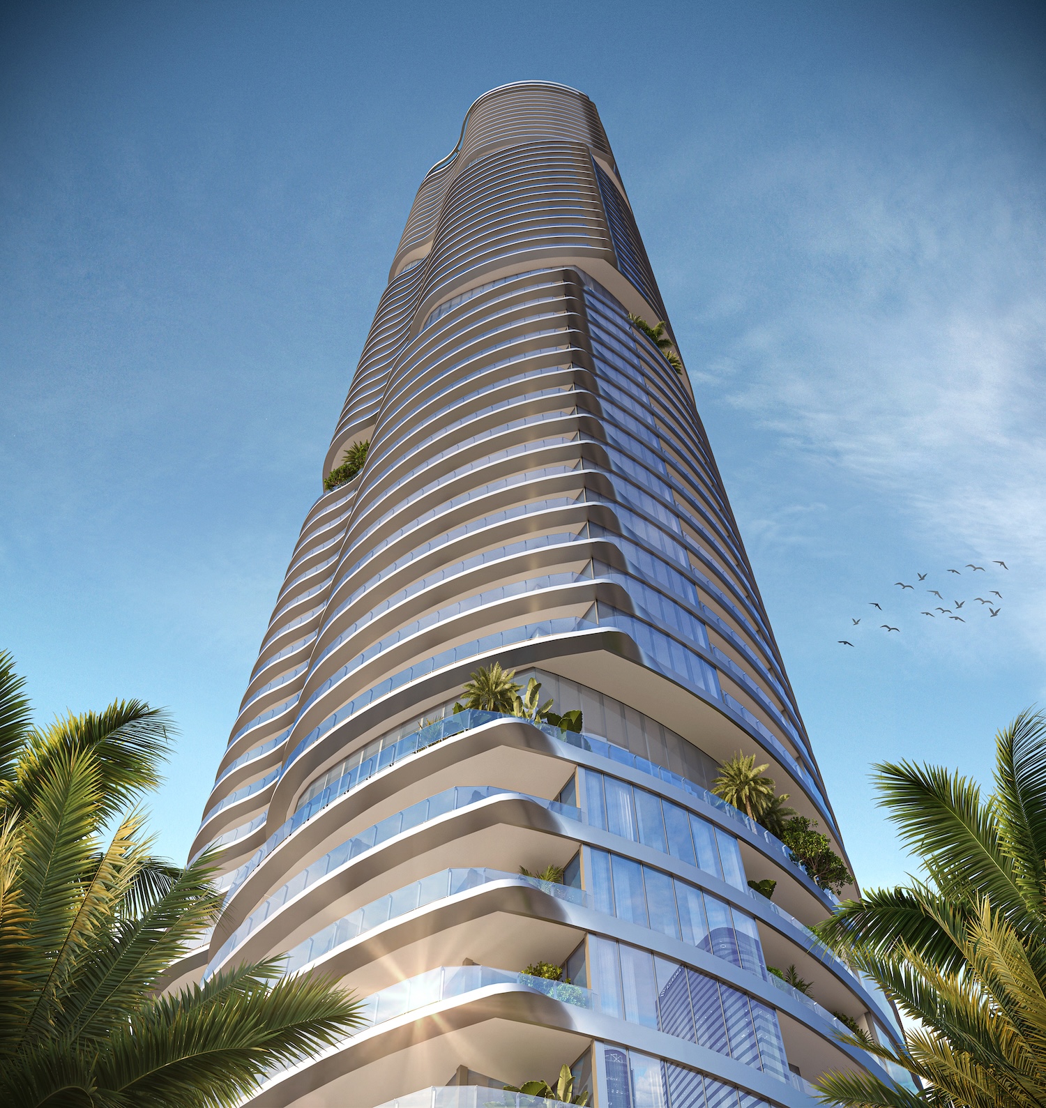 619 Brickell Nobu Residences aerial rendering, 75-story bayfront tower on Brickell Avenue beside Biscayne Bay