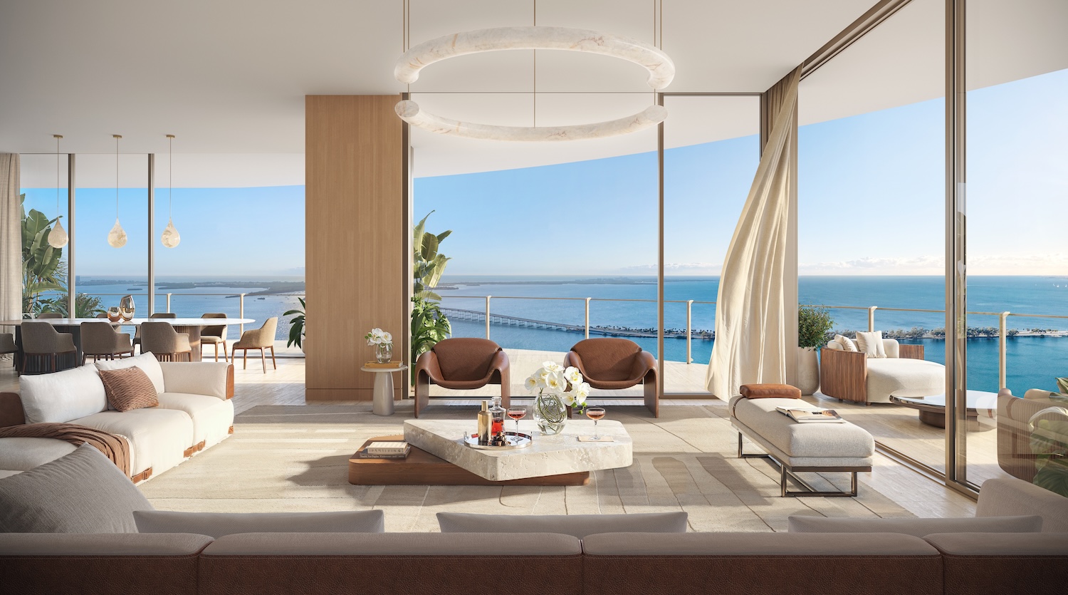 619 Brickell residence living room rendering with floor-to-ceiling windows and Biscayne Bay views