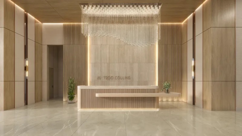 7200 Collins ground floor lobby interior rendering with seating and reception