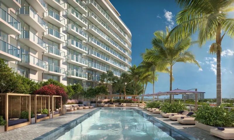 7200 Collins third floor 7200 Club pool deck rendering with sun loungers and cabanas