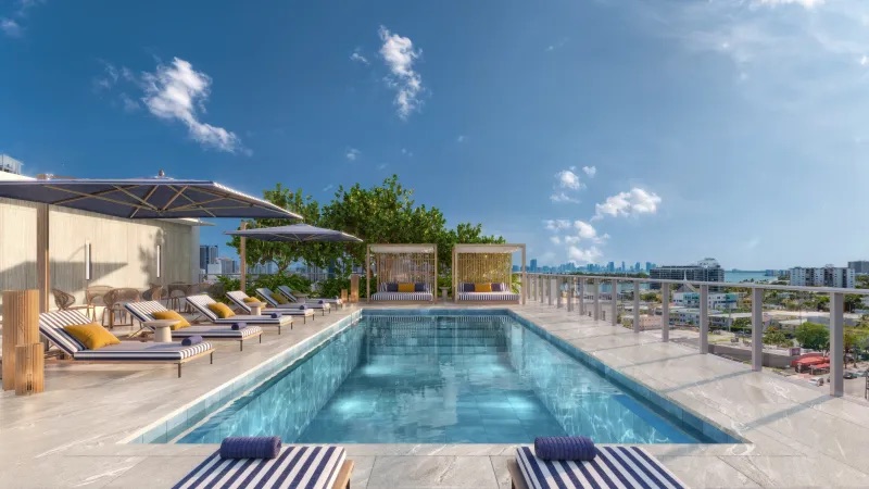 7200 Collins eighth floor Sunset Deck rendering with a second swimming pool and sundeck