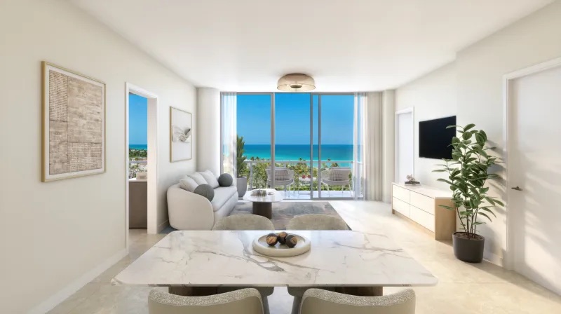 7200 Collins furnished residence living room rendering with interiors by Adriana Hoyos Design Studio