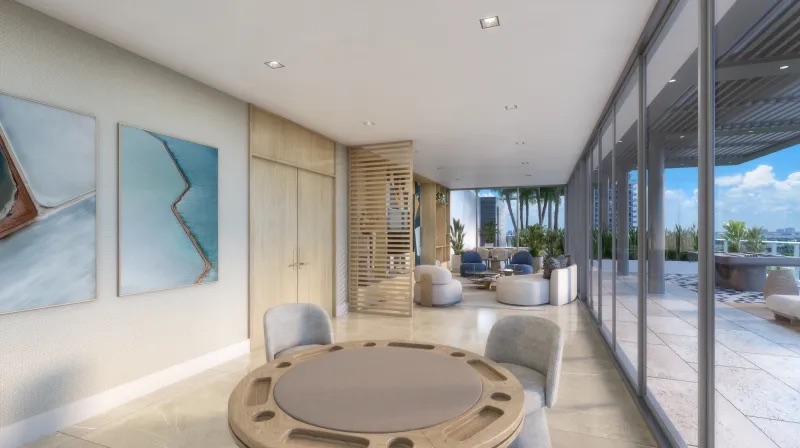 7200 Collins rooftop Vista Terrace lounge rendering with game lounge seating and skyline views