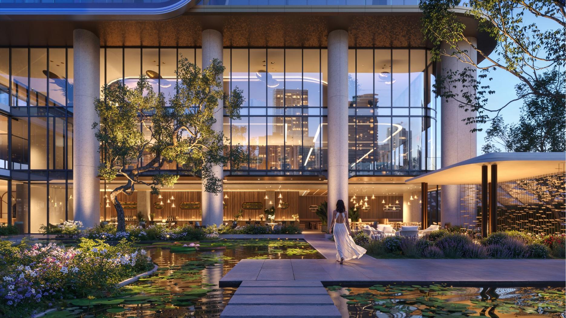 Anantara Residences Miami arrival gardens rendering with lily ponds and double-height lobby