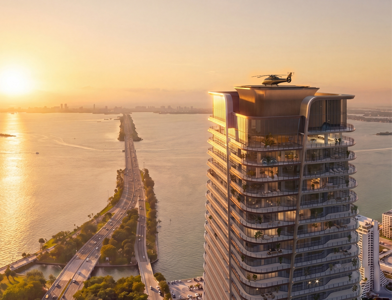 Anantara Residences Miami rooftop helipad rendering at sunset, One Thousand Group signature feature