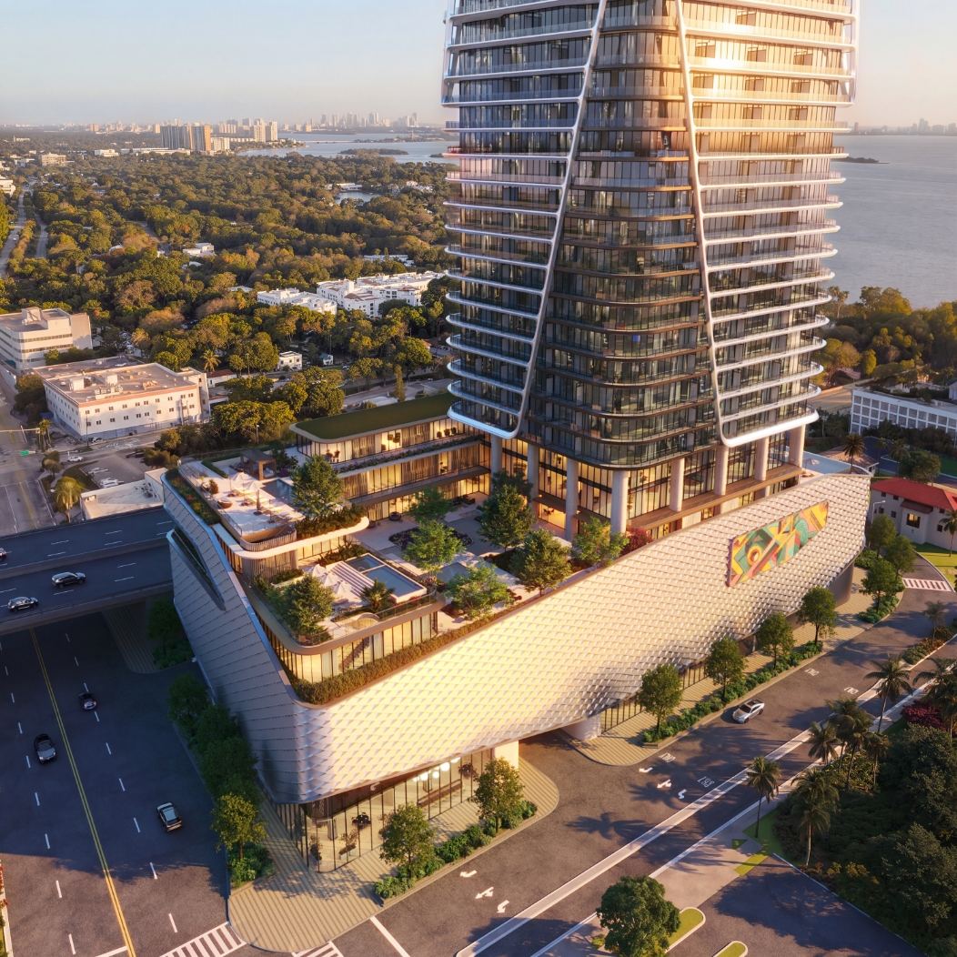 Anantara Residences Miami aerial podium rendering showing amenity terraces above Biscayne Boulevard