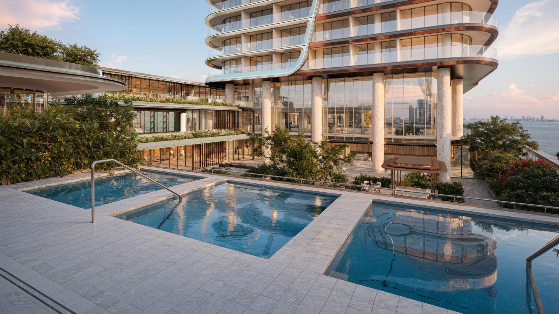 Anantara Residences Miami pool deck rendering with plunge pools and bay views