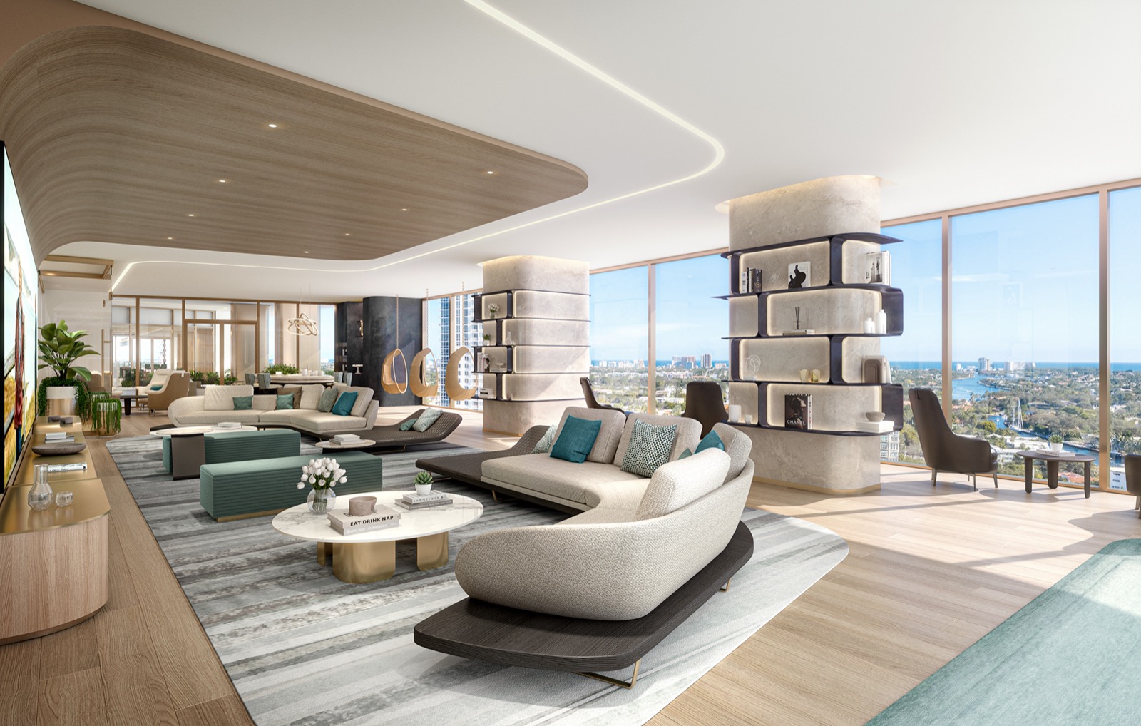 Andare Residences club lounge rendering with bar seating and ocean views, Fort Lauderdale