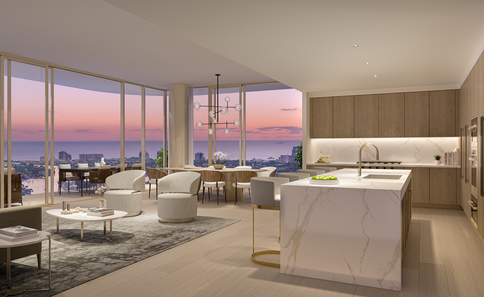 Andare Residences kitchen rendering with Italian cabinetry designed by Pininfarina and Sub-Zero and Wolf appliances