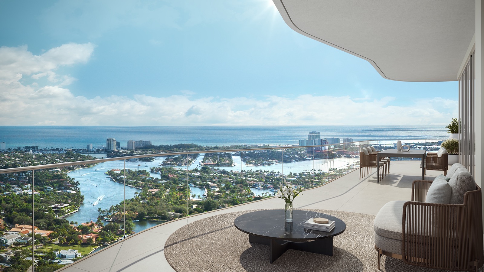 Andare Residences balcony rendering with floor-to-ceiling glass and Atlantic Ocean views, Fort Lauderdale