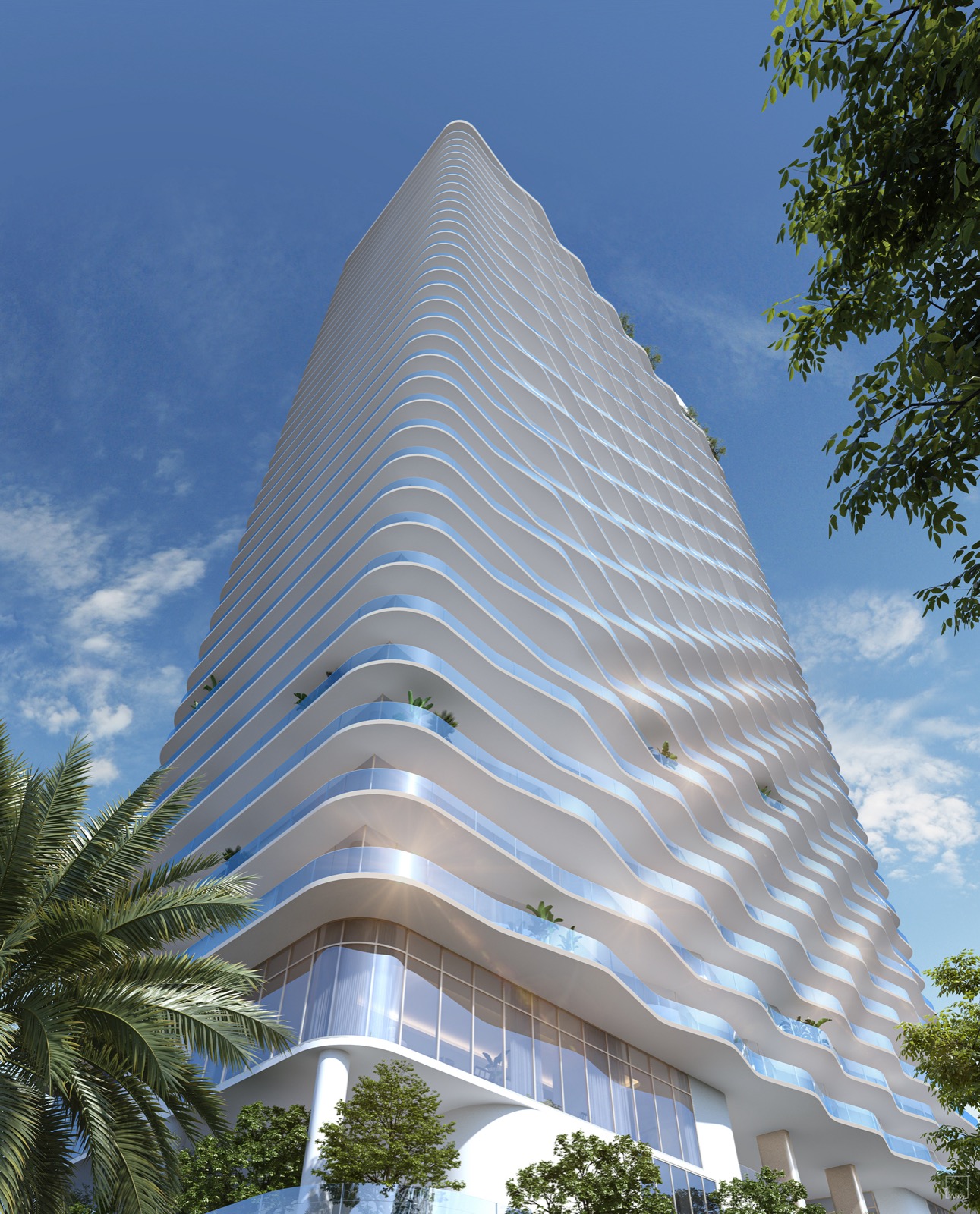 Andare Residences by Pininfarina tower rendering seen from street level, 46-story condominium on Las Olas Boulevard Fort Lauderdale