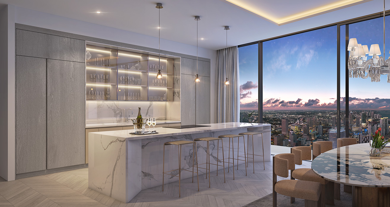 Baccarat Residences Brickell master bedroom with bay views