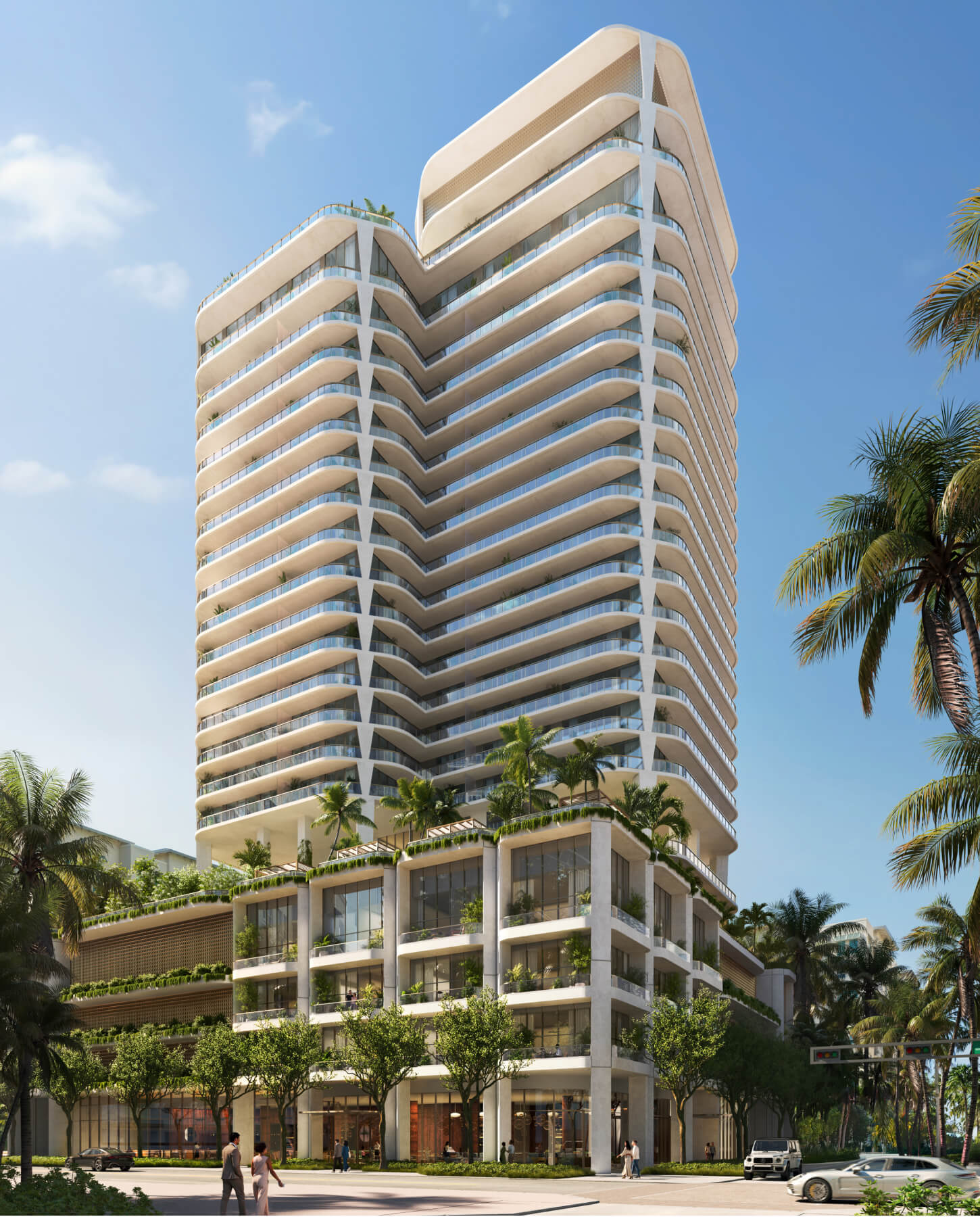 Banyan Tree Residences West Palm Beach corner residence rendering with wraparound terrace and floor-to-ceiling glass