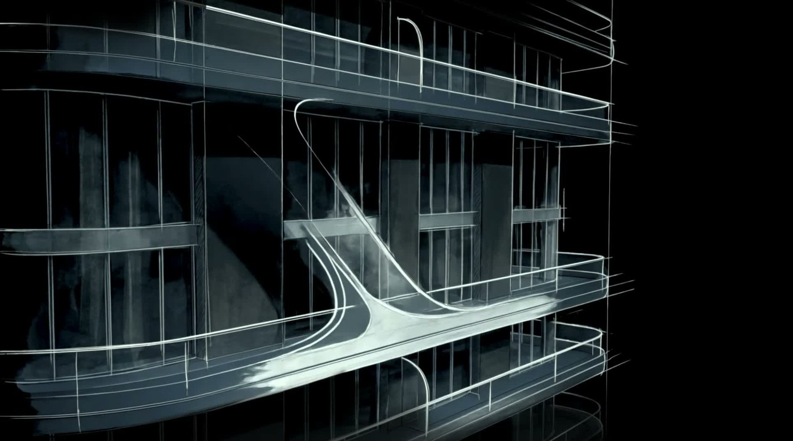 Bugatti Residences Miami design study showing the C-line curve that wraps the tower balconies