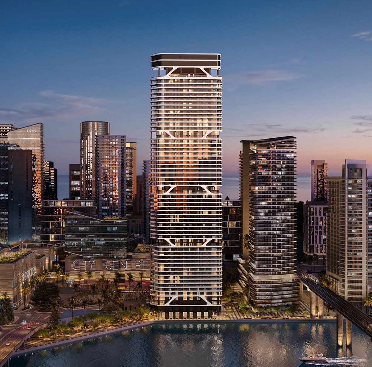 Bugatti Residences Miami rendering seen from the Miami River, with Brickell City Centre to the left