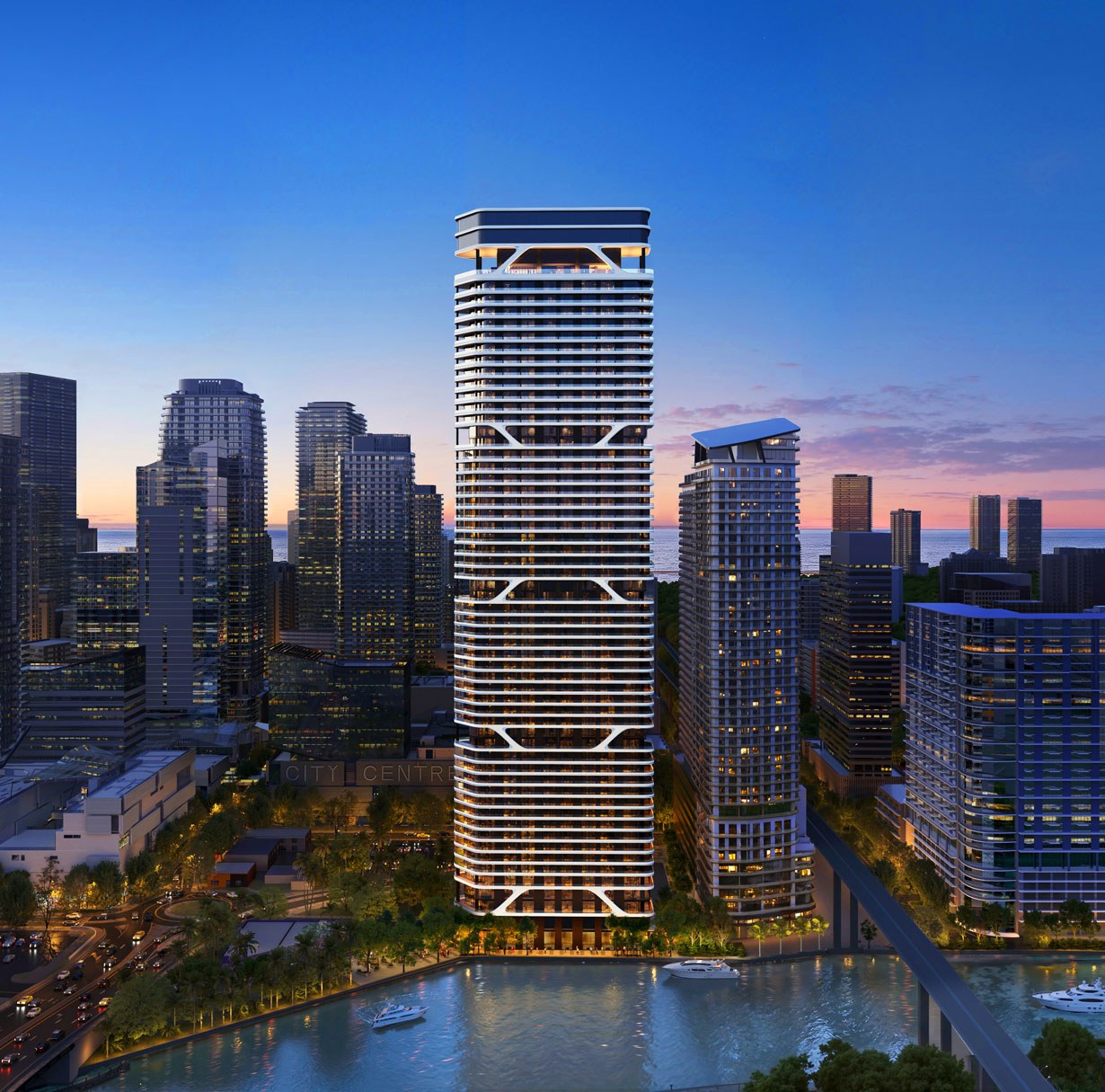 Bugatti Residences Miami tower rendering at dusk above the Brickell skyline