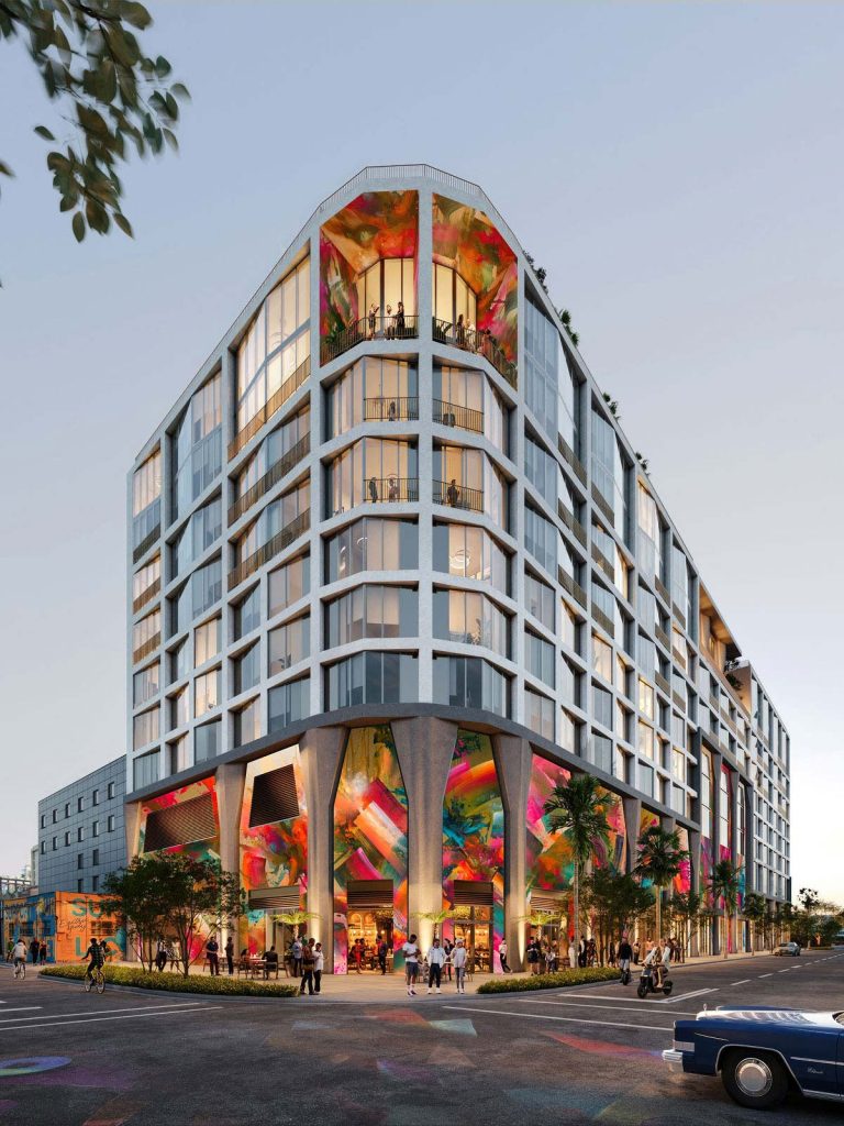 Cloud One Residences Wynwood facade rendering showing Goldman Global Arts murals