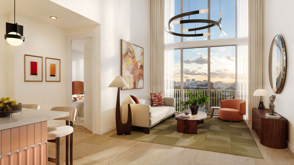 Cloud One Residences Wynwood loft living room rendering with double-height ceiling and floor-to-ceiling windows