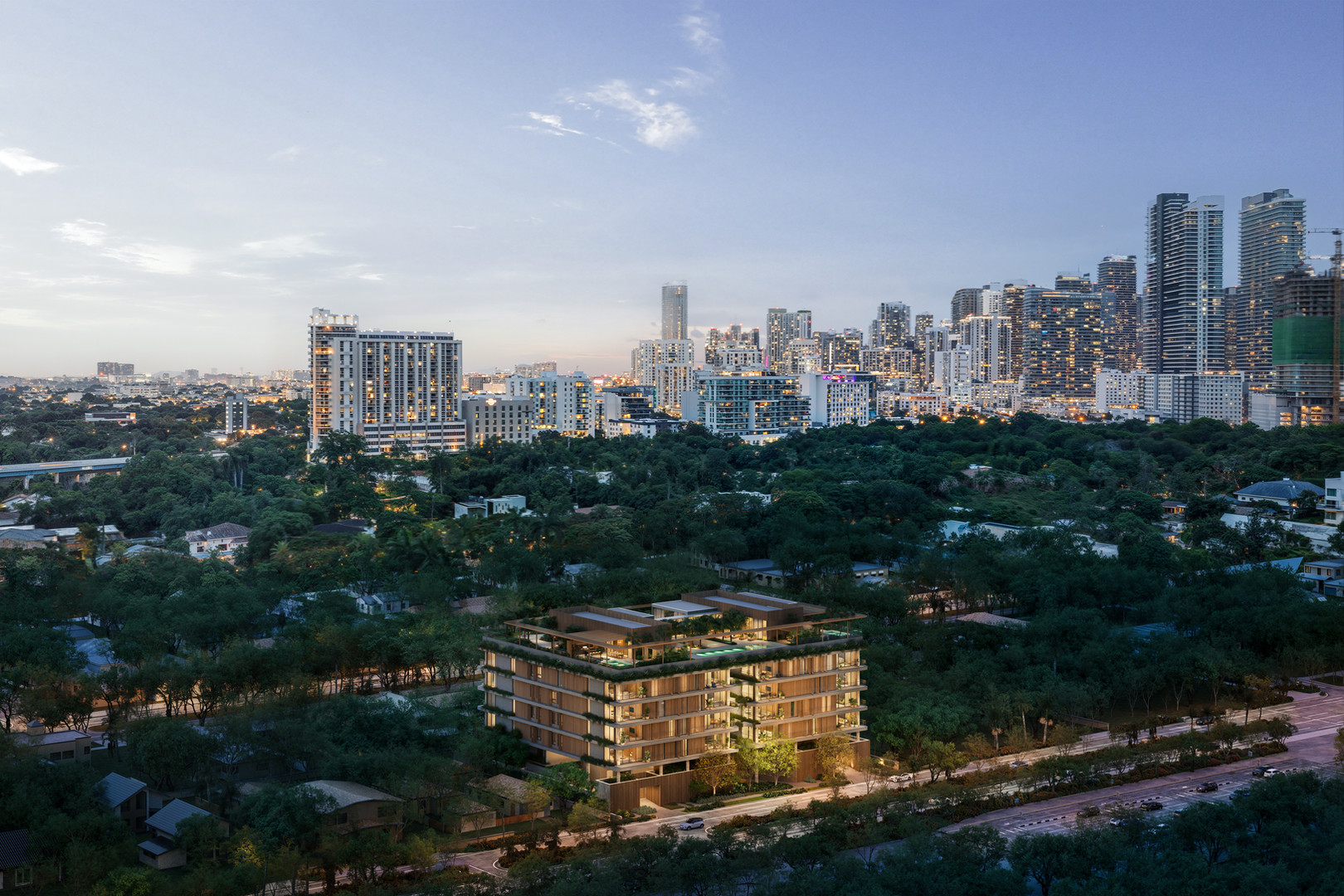 Aerial rendering of Colette Residences surrounded by tropical greenery in South Brickell Miami