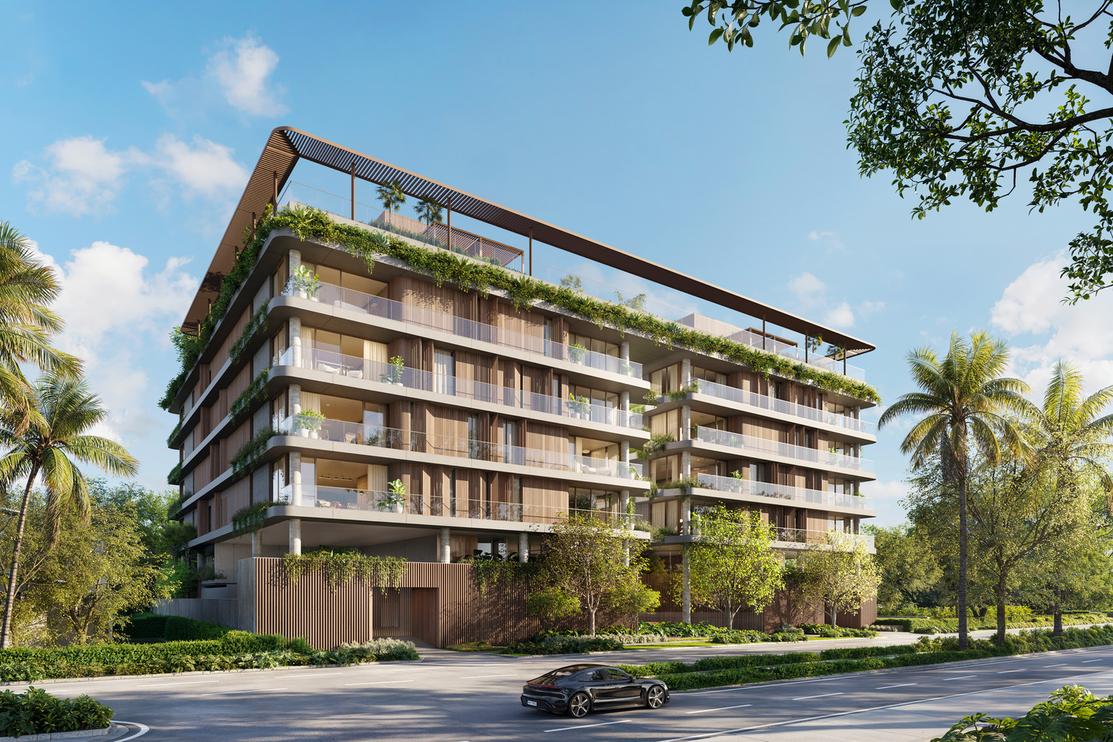 Colette Residences street-level entrance rendering with palm trees and driveway in South Brickell