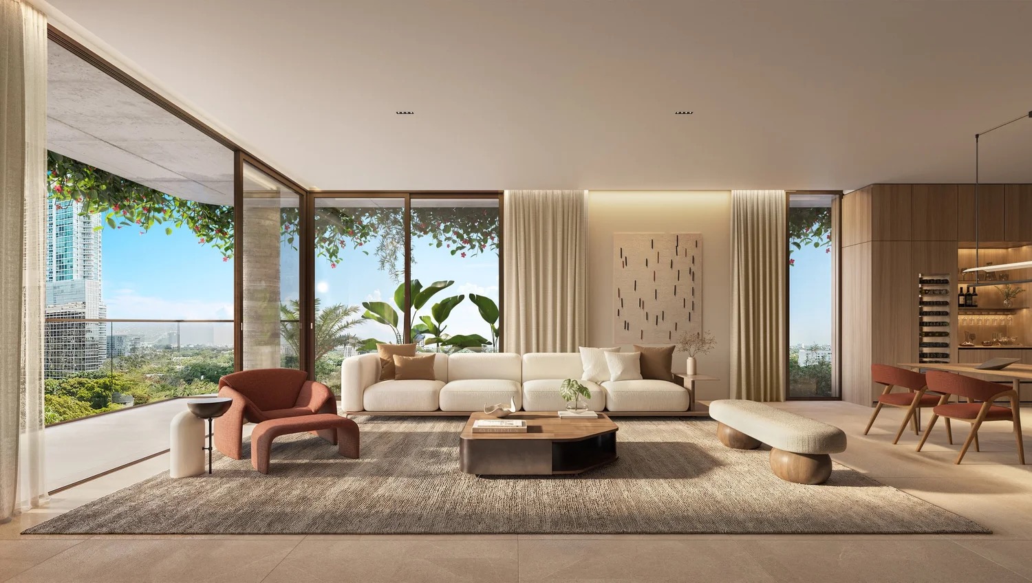 Colette Residences great room interior rendering with floor-to-ceiling glass and terrace