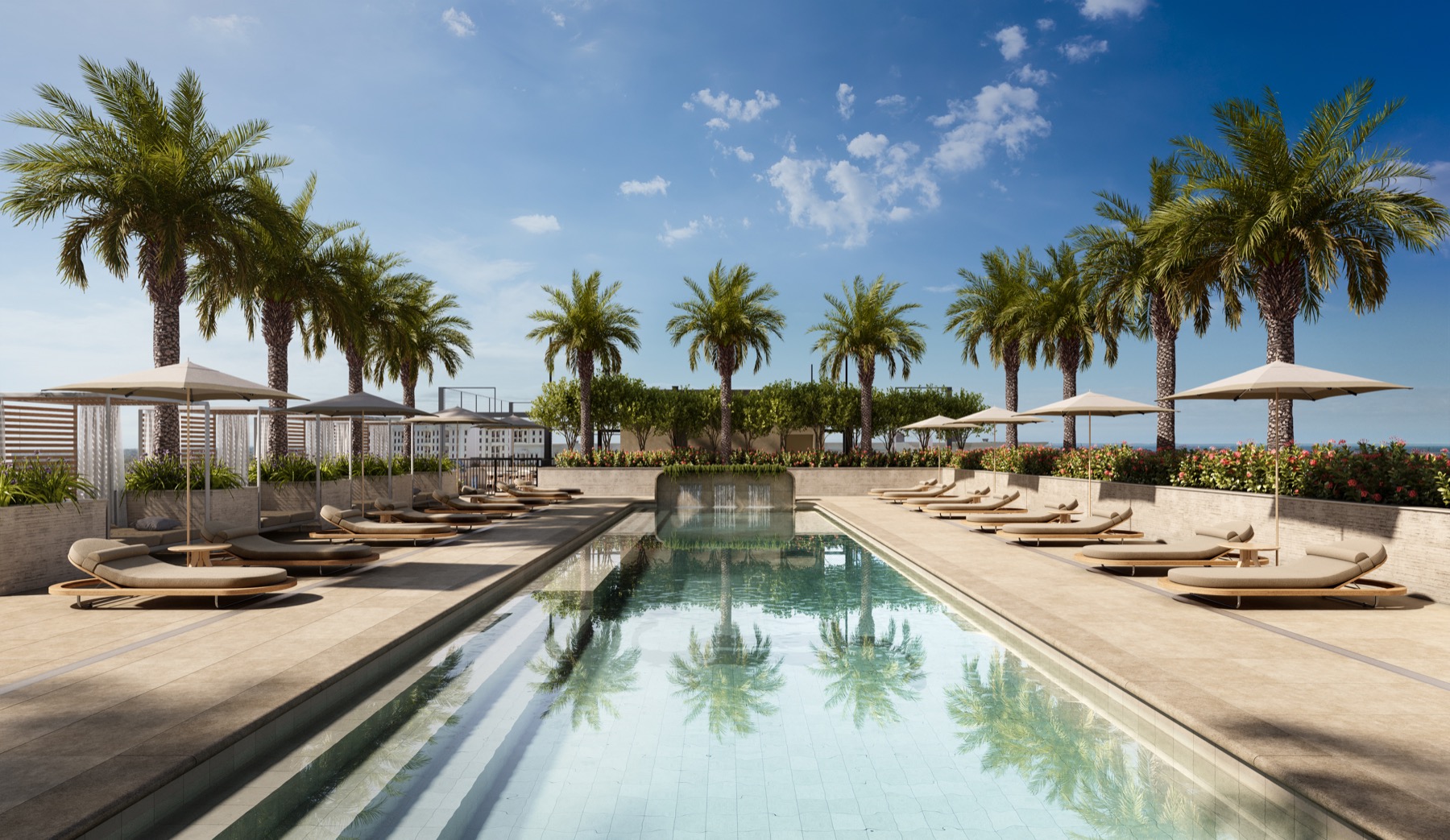 Renderizado de la terraza con piscina en la azotea de Cora Merrick Park con terraza de bienestar en Coral Gables