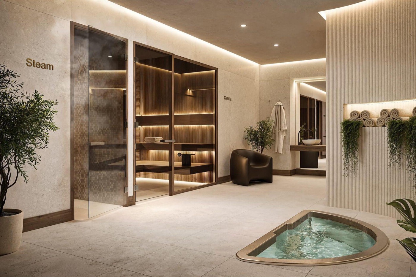 Renderizado de la sauna infrarroja y spa de Cora Merrick Park, amenidad de bienestar en condominio de Coral Gables