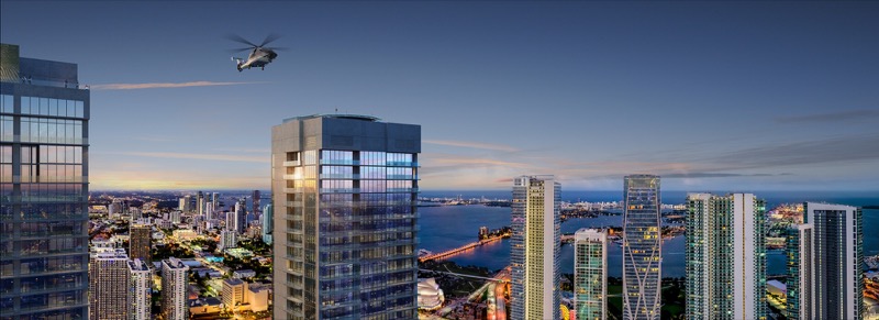E11even Residences Miami aerial rendering, 65-story branded tower in Park West, Downtown Miami