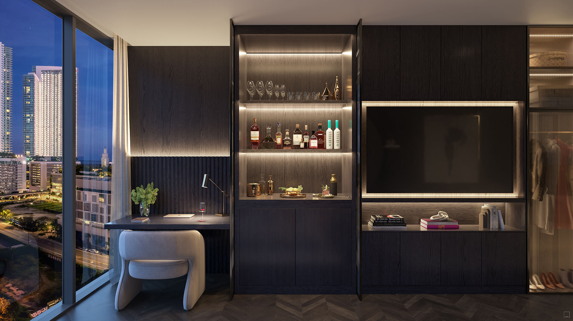 E11even Residences Miami residence bar and living area rendering with skyline backdrop