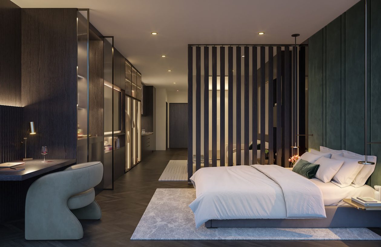 E11even Residences Miami furnished interior rendering with AvroKO-designed bedroom design and Miami skyline views