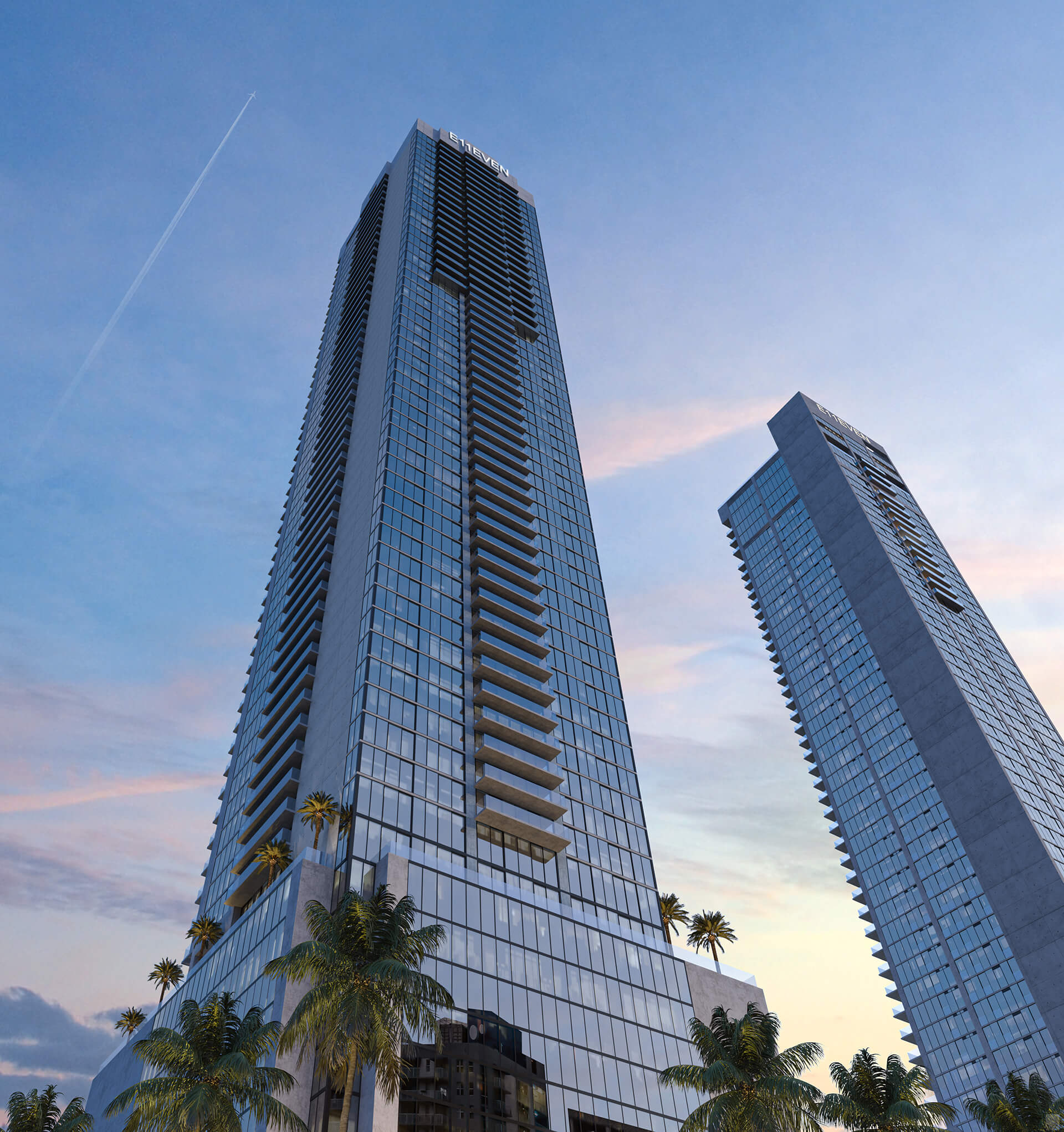 E11even Residences Miami tower rendering looking up the 65-story facade in the Park West district of Downtown Miami
