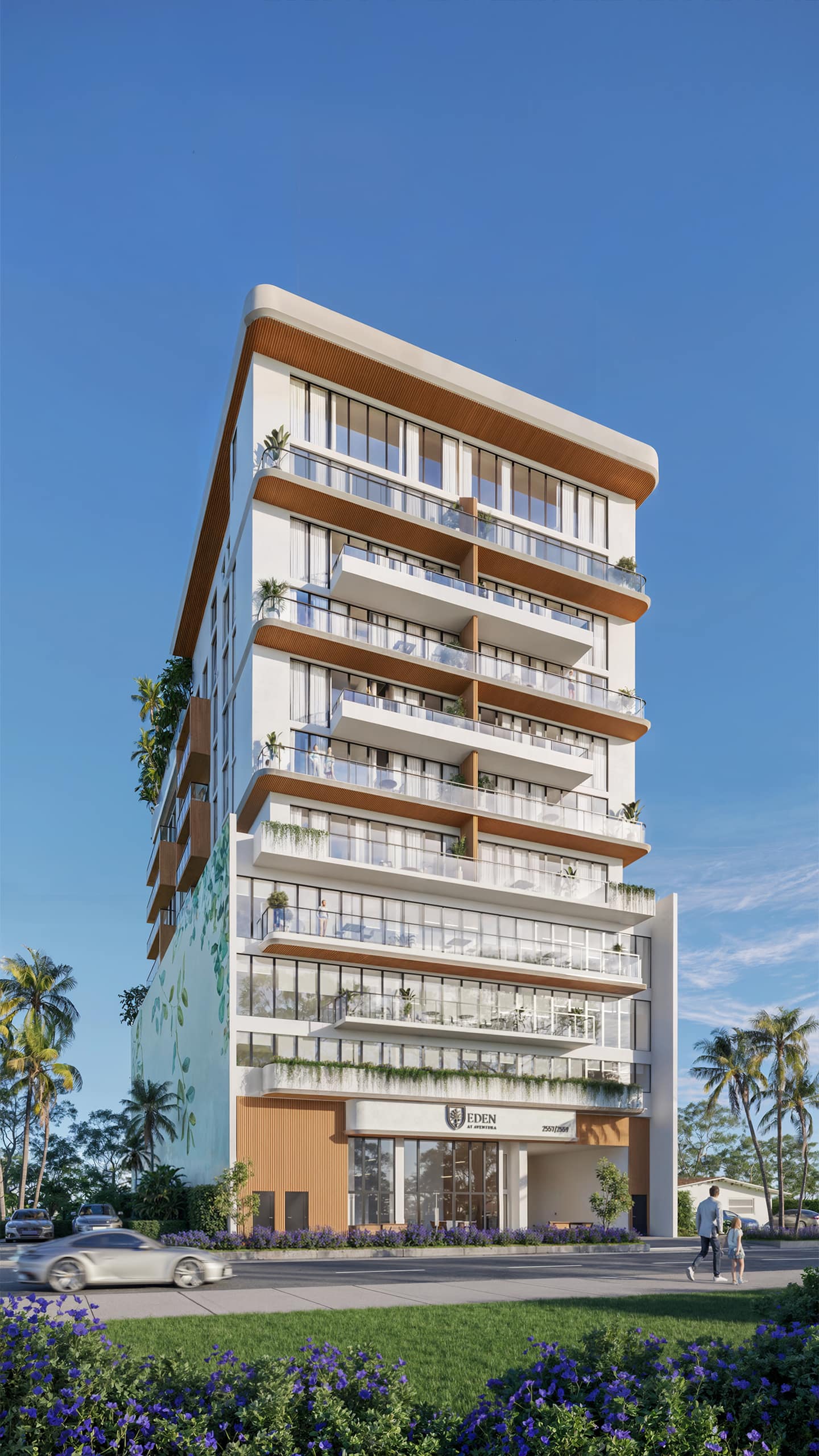 Eden Residences architectural perspective of the 10-story boutique building entrance at 2557 NE 190th Street, Ojus