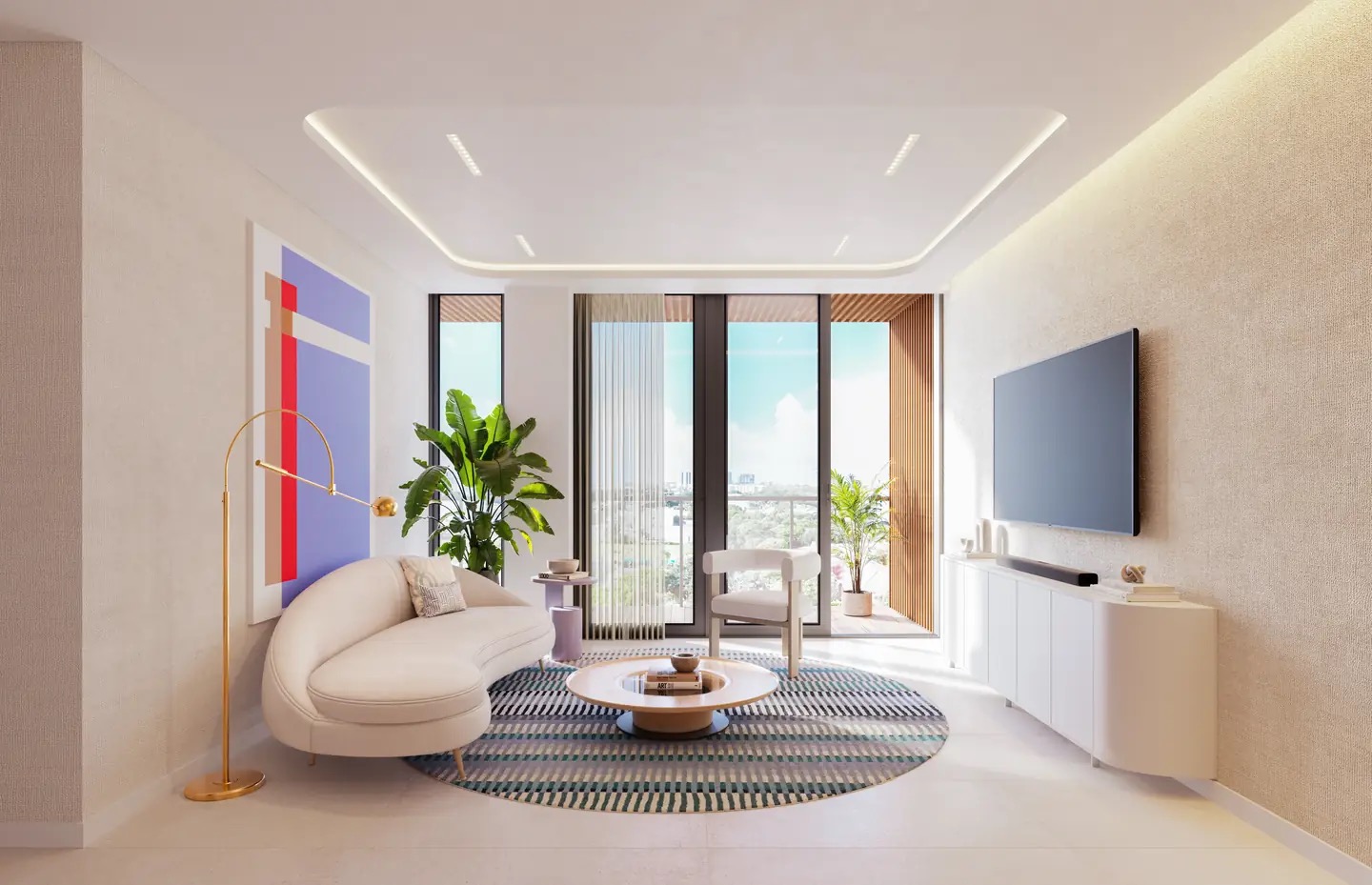 Eden Residences living room rendering with floor-to-ceiling impact glass and terrace access