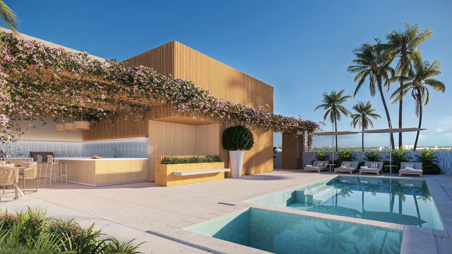 Eden Residences rooftop sky deck rendering with swimming pool and outdoor lounge seating