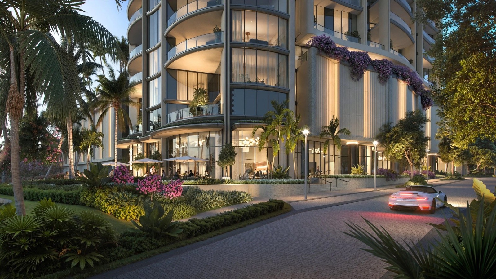 Edgeworth porte-cochere arrival court rendering with landscaped entry at 1155 South Flagler Drive