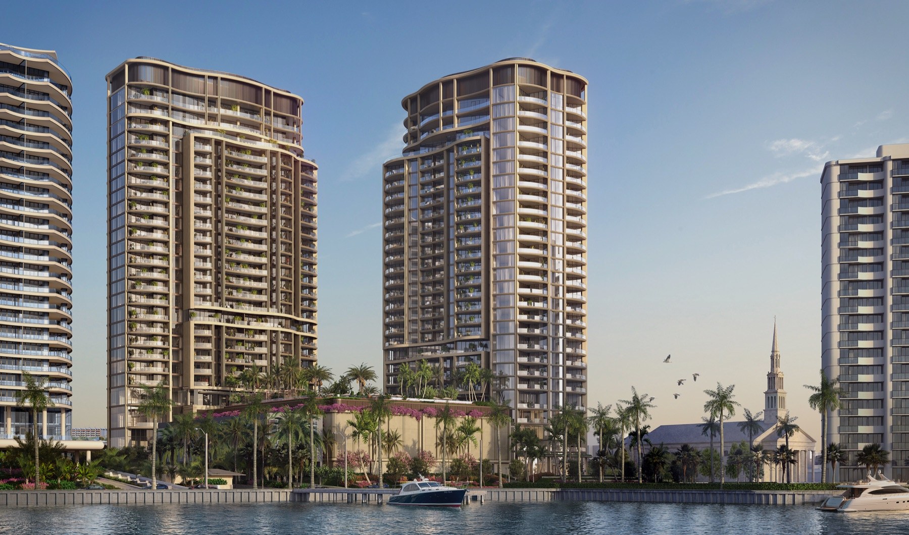 Edgeworth West Palm Beach official rendering, two curved 28-story towers at 1155 South Flagler Drive seen from the Intracoastal Waterway