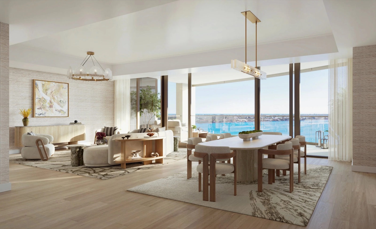 Edgeworth residence great room rendering with floor-to-ceiling glass and terrace access, interiors by March and White Design