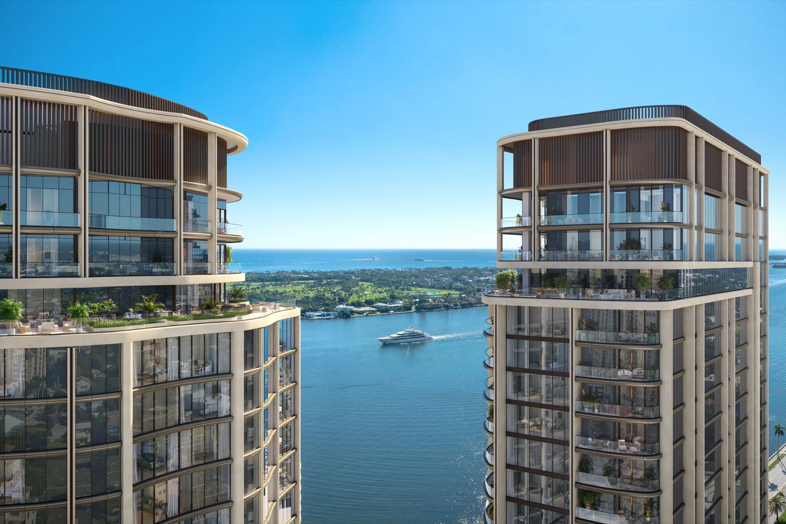 Edgeworth upper-floor terraces rendering looking east across the Intracoastal Waterway toward Palm Beach Island and the Atlantic