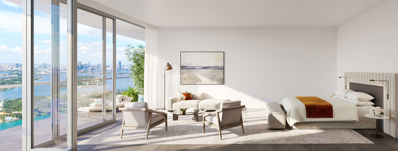 Five Park primary bedroom with waterfront views