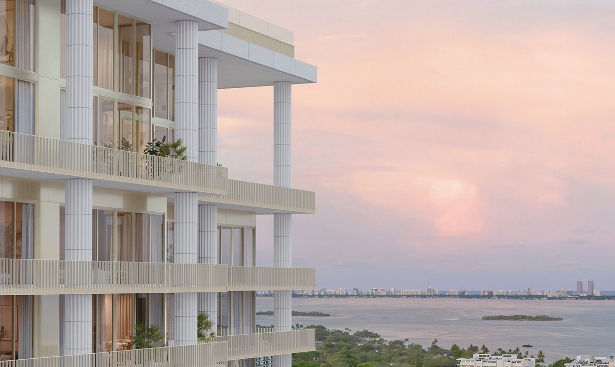 Miami Design Residences by Fouquet's terrace rendering with colonnade and Biscayne Bay view