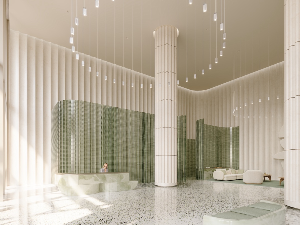 Miami Design Residences by Fouquet's lobby rendering with travertine columns and glass block by RDAI