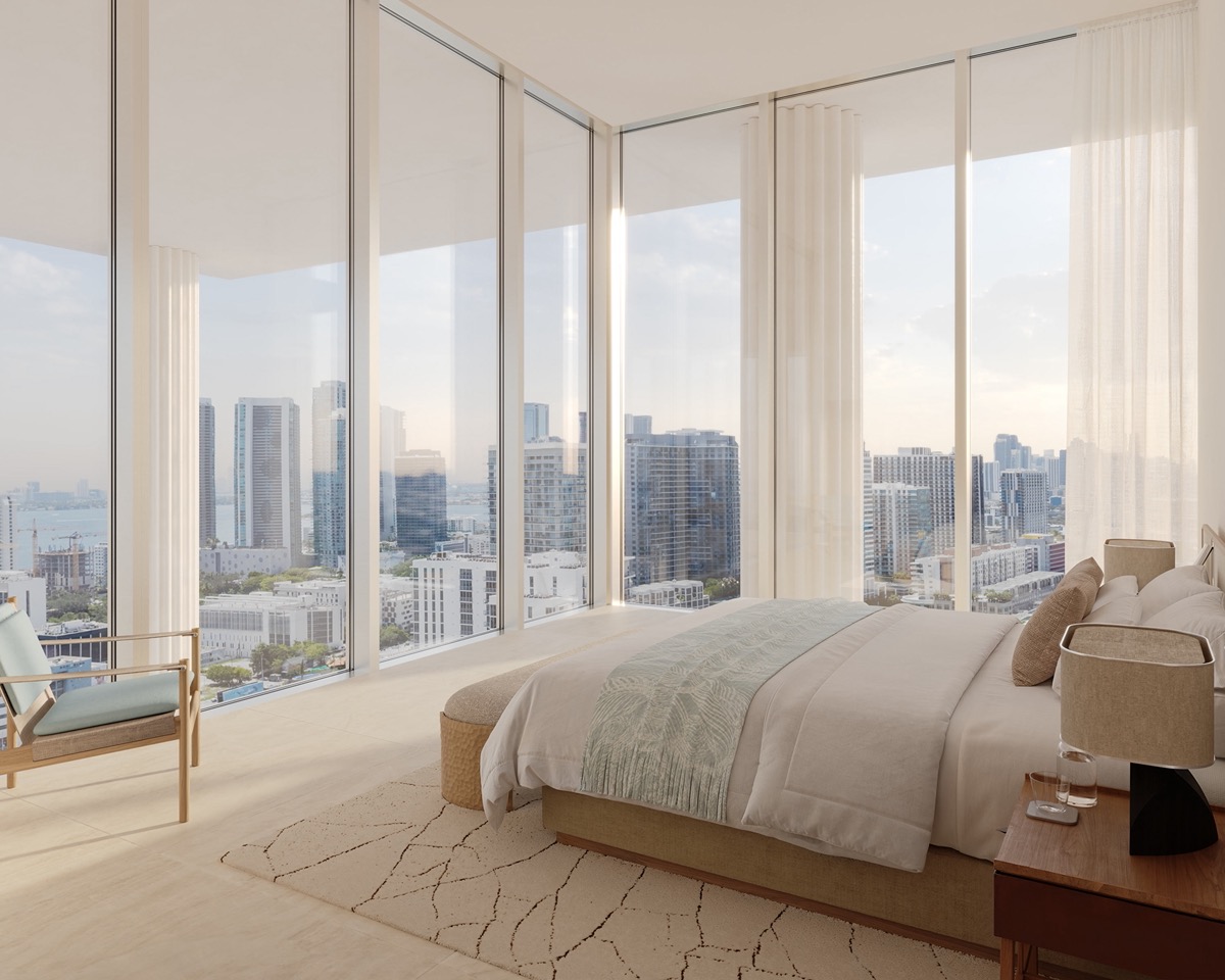 Miami Design Residences by Fouquet's bedroom rendering with floor-to-ceiling windows and Downtown Miami skyline view