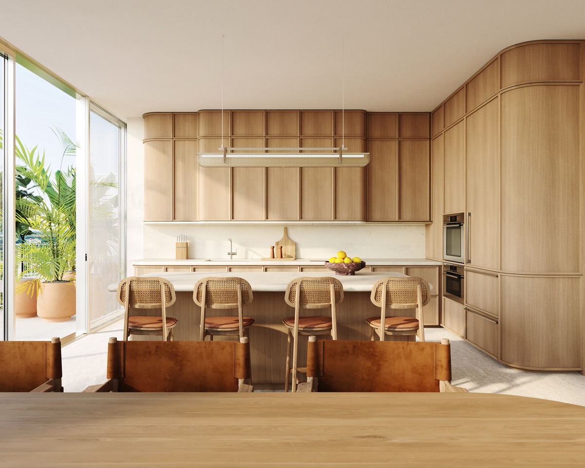 Miami Design Residences by Fouquet's kitchen rendering with custom oak cabinetry and Sub-Zero and Wolf appliances
