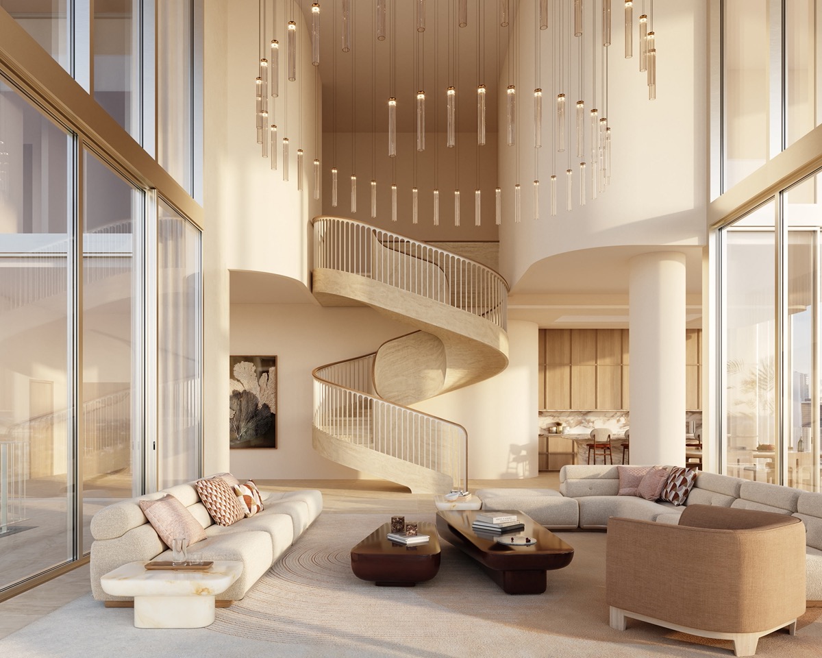 Miami Design Residences by Fouquet's duplex living room rendering with spiral staircase