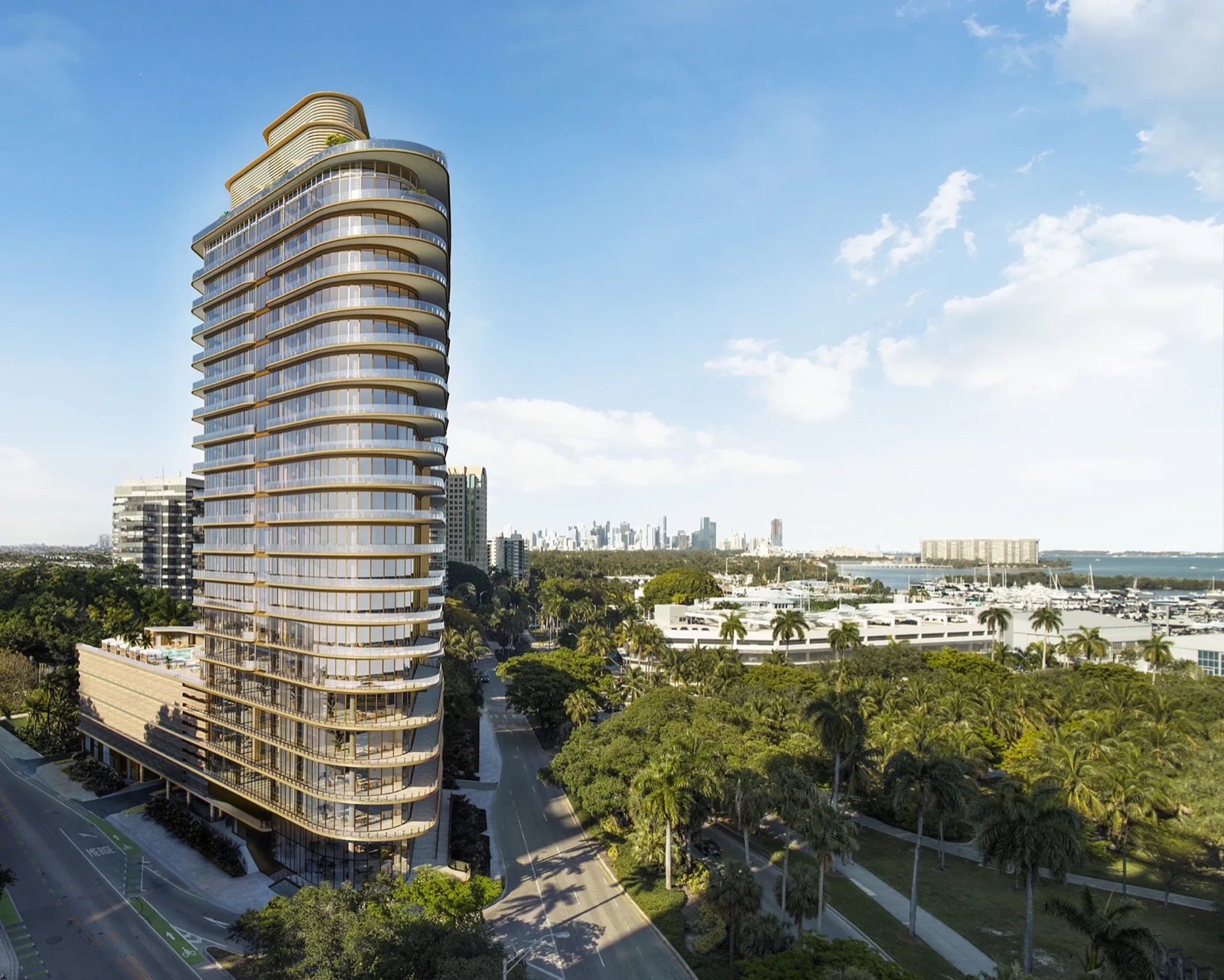 Four Seasons Coconut Grove exterior rendering with curved balconies over Biscayne Bay