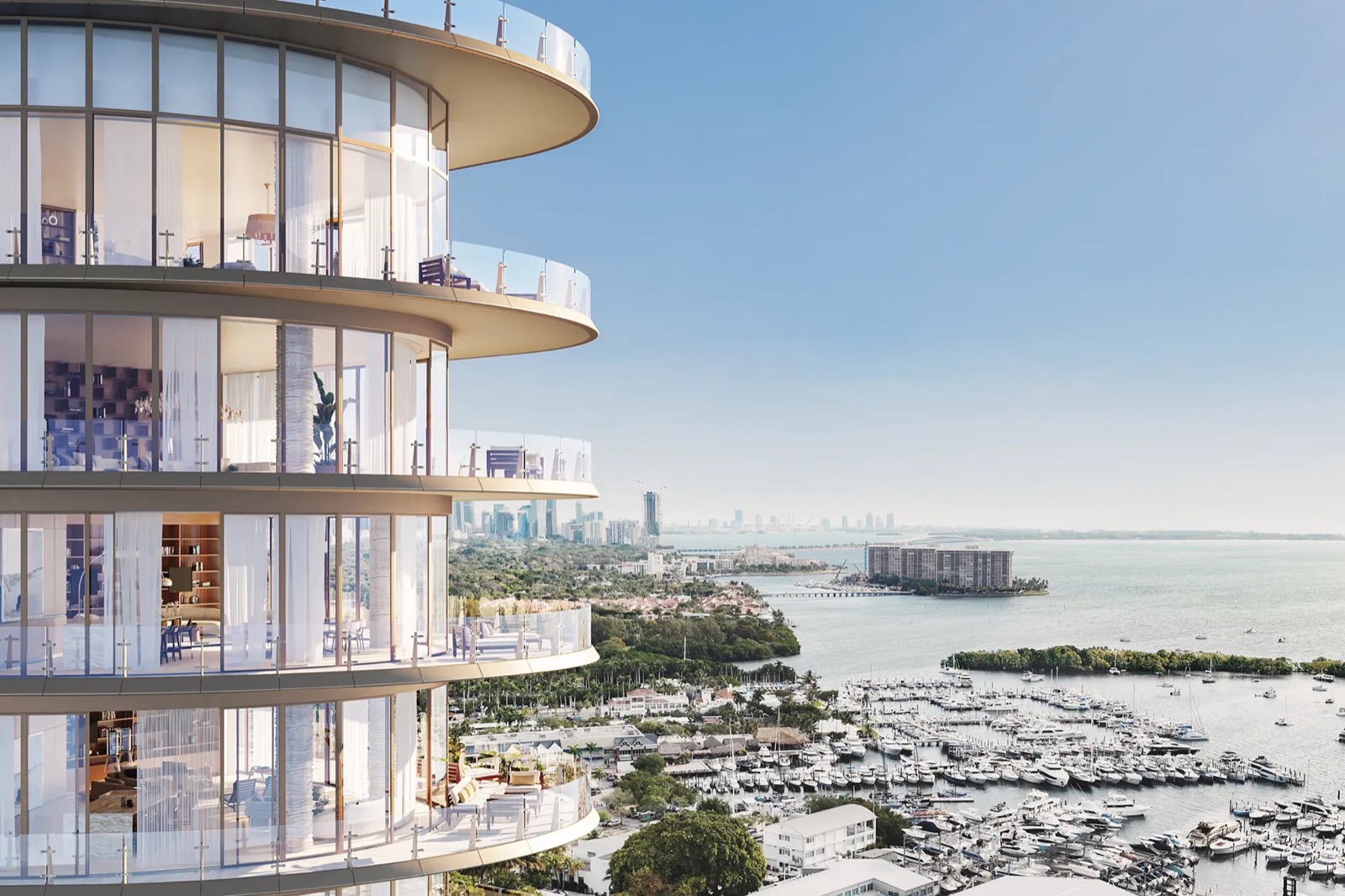 Four Seasons Private Residences Coconut Grove facade rendering, curved 20-story bayfront tower at 2699 South Bayshore Drive